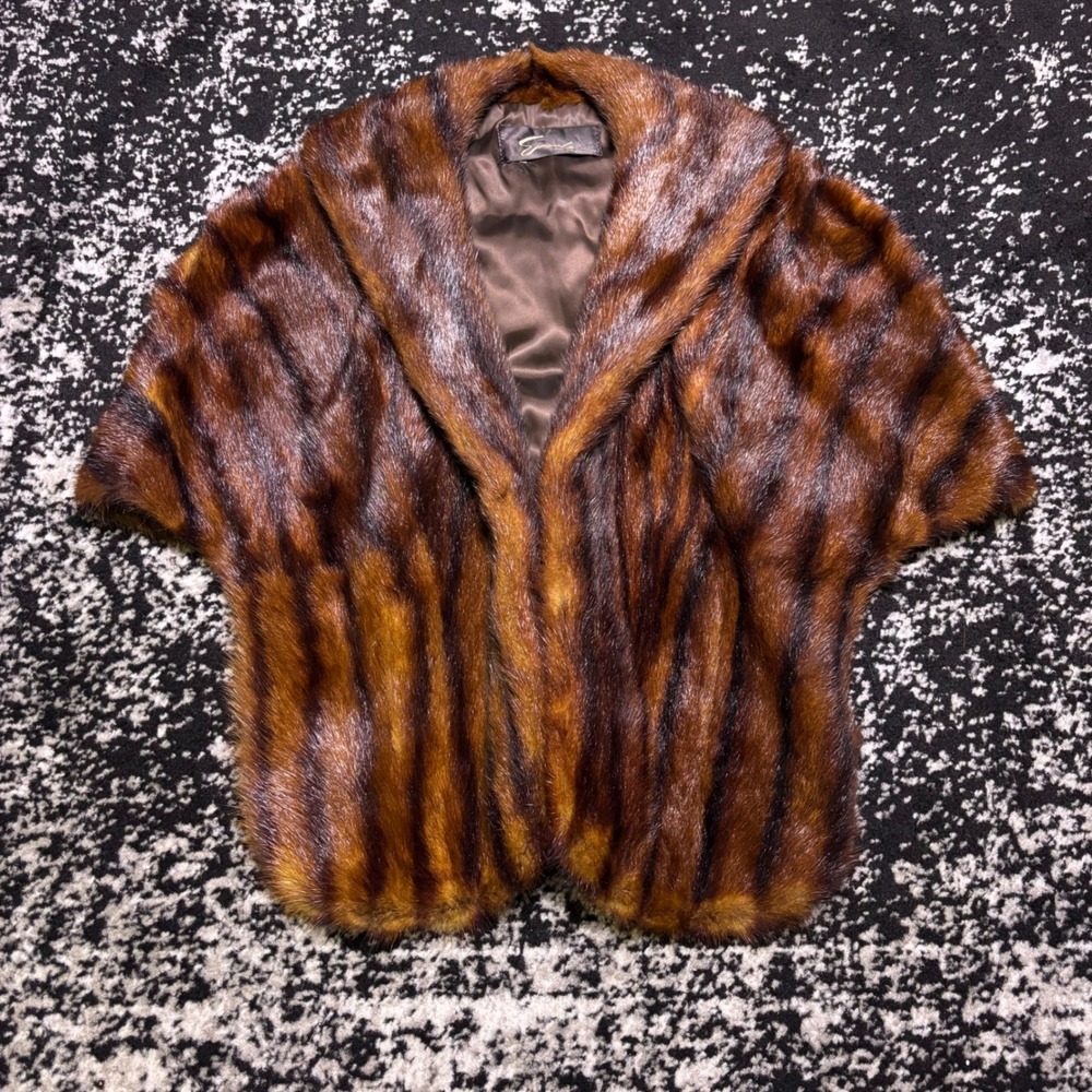 Evans Chicago Vintage Brown Striped Mink Fur Stole Wrap Collar Satin Lined